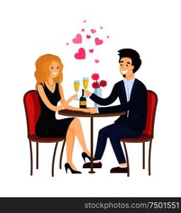 Dating couple in evening gowns sitting at table in restaurant with champagne in glasses, bouquet of flowers and bottle of alcohol, vector illustration. Dating Couple in Evening Gowns Sitting at Table
