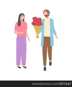 Dating couple, man with bouquet of flowers and woman isolated cartoon character. Vector married husband and wife, happy family, present for girlfriend. Dating Couple, Man with Flower Bouquet and Woman
