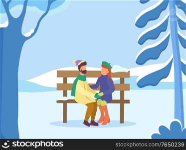 Dating couple sitting on wooden bench in park. Winter landscape with trees covered with snow. Man and woman cuddling outdoors wearing warm clothes. People outside romantic pair, vector in flat. Couple in Winter Park, Dating Man and Woman Vector