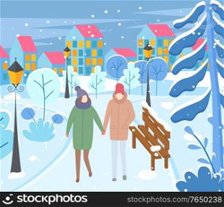 Dating couple walking in winter park. Man and woman holding hands strolling in street. Cityscape with home exteriors and windows with lights. Lanterns and bench by people passing by, vector in flat. Couple Walking in Evening City Park in Winter