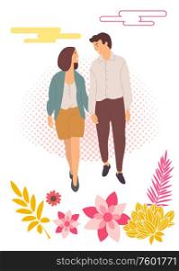 Dating couple walking together, people and blooming flowers with leaves. Vector young cartoon characters on walk, lovers holding hands spend time together. Dating Couple Walking Together, People and Flowers