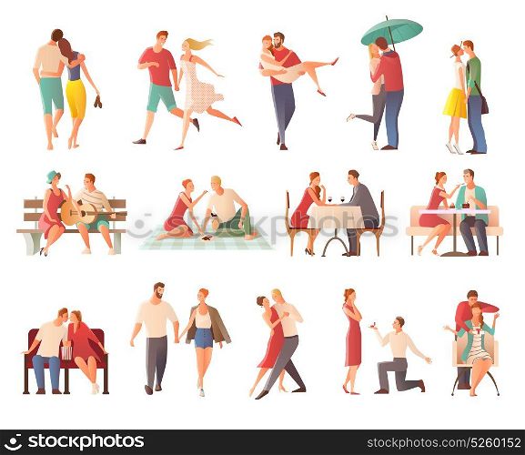 Dating Couples Big Set. Romantic dinner dating couples flat isolated characters collection with lovers kissing going for walk giving gifts vector illustration