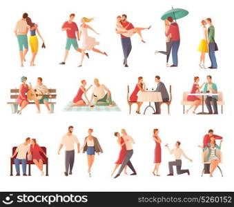 Dating Couples Big Set. Romantic dinner dating couples flat isolated characters collection with lovers kissing going for walk giving gifts vector illustration