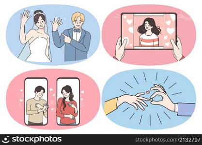 Dating engagement and marriage concept. Set of young happy couples dating online getting engaged and showing rings after wedding marriage vector illustration. Dating engagement and marriage concept