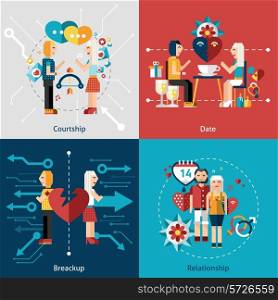 Dating flat icon set with courtship relationship breakup isolated vector illustration