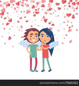 Dating girlfriend and boyfriend vector. Smiling lovers in angels wings, cartoon style teenagers isolated on background with pink paper cut hearts, vector. Dating Girlfriend Boyfriend Vector. Smiling Lovers
