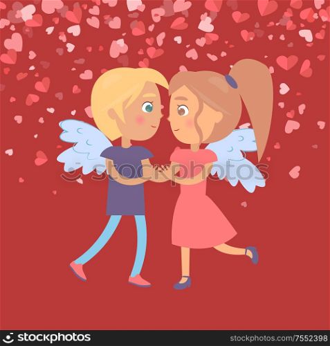 Dating girlfriend and boyfriend vector. Woman and man embracing with side view and wings in flat style. Valentine card decorated by hearts, on red. Valentine Red Card Dating Girl and Boy Vector