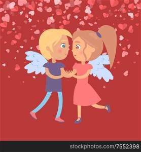 Dating girlfriend and boyfriend vector. Woman and man embracing with side view and wings in flat style. Valentine card decorated by hearts, on red. Valentine Red Card Dating Girl and Boy Vector