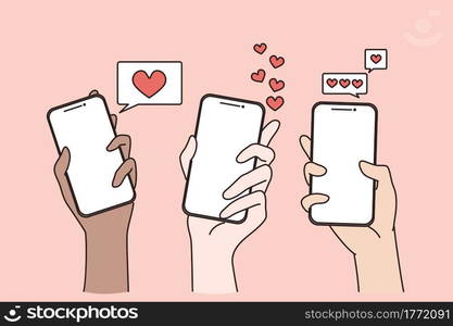 Dating in internet and online chat concept. Human hands holding smartphones with likes and hearts in application online vector illustration . Dating in internet and online chat concept