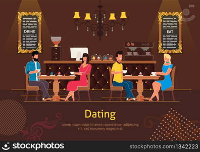 Dating in Restaurant Flat Vector Banner Template with Happy Smiling Couples Sitting at Table in Cafe, Drinking Coffee with Confectionery or Bakery, Having Romantic Dinner in Restaurant Illustration