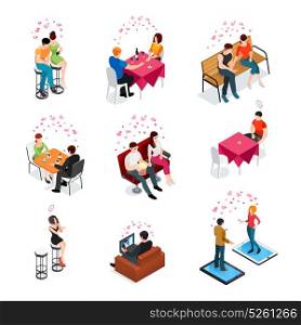 Dating Isolated Isometric Icons. Dating isolated isometric icons with adult couples on date in cafe and bar interior and on the park bench vector illustration