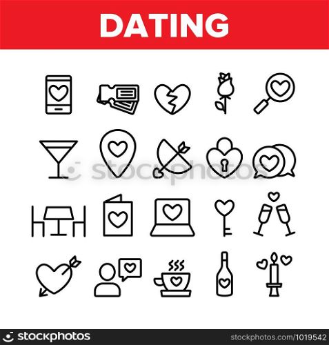 Dating Love Collection Elements Icons Set Vector Thin Line. Heart On Laptop Monitor And Gps Mark, On Postcard And Magnifier Dating Concept Linear Pictograms. Monochrome Contour Illustrations. Dating Love Collection Elements Icons Set Vector