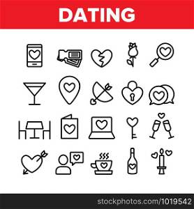 Dating Love Collection Elements Icons Set Vector Thin Line. Heart On Laptop Monitor And Gps Mark, On Postcard And Magnifier Dating Concept Linear Pictograms. Monochrome Contour Illustrations. Dating Love Collection Elements Icons Set Vector