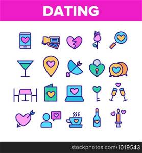 Dating Love Collection Elements Icons Set Vector Thin Line. Heart On Laptop Monitor And Gps Mark, On Postcard And Magnifier Dating Concept Linear Pictograms. Color Contour Illustrations. Dating Love Color Elements Icons Set Vector