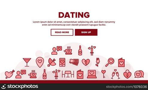 Dating Love Landing Web Page Header Banner Template Vector. Heart On Laptop Monitor And Gps Mark, On Postcard And Magnifier Dating Illustration. Dating Love Landing Header Vector