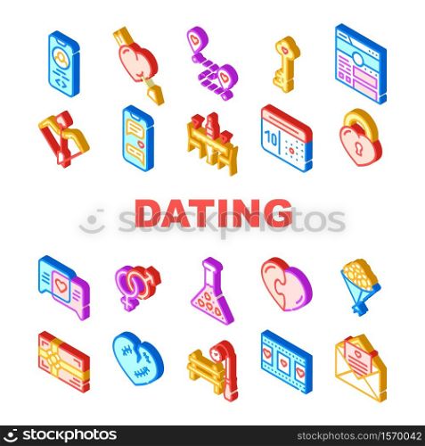 Dating Love Romantic Collection Icons Set Vector. Broken And Loving Heart, Bouquet Flowers And Chocolate Candy Box, Message And Film Dating Isometric Sign Color Illustrations. Dating Love Romantic Collection Icons Set Vector