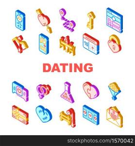 Dating Love Romantic Collection Icons Set Vector. Broken And Loving Heart, Bouquet Flowers And Chocolate Candy Box, Message And Film Dating Isometric Sign Color Illustrations. Dating Love Romantic Collection Icons Set Vector