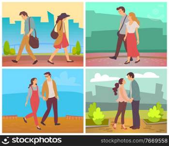 Dating man and woman vector, people walking in city park. Cityscape with skyscrapers and nature bushes. Strolling boyfriend and girlfriends wife and husband illustration in flat style design for web. Couples Walking in City, Man and Woman on Date