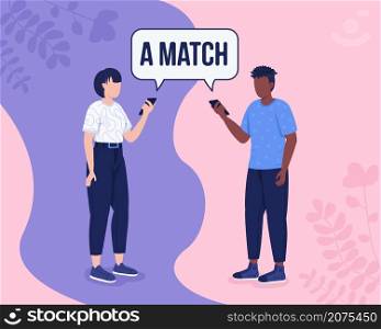 Dating matching algorithm flat color vector illustration. Meeting partner online. Lonely woman and man searching for romantic relationships 2D cartoon characters with abstract space on background. Dating matching algorithm flat color vector illustration