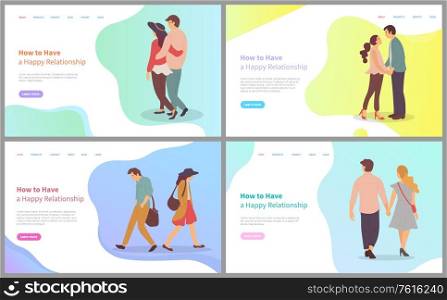 Dating of male and female, full length view of couple characters in casual clothes, man and woman going together, happy relationship, love vector. Website or webpage template, landing page flat style. Happy Relationship, Couple Feeling, Love Vector