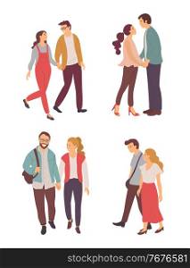 Dating of man and woman, going couple with holding hands, smiling people characters walking together, meeting of male and female lovers, feelings vector. Lovers Walking Together, Couple Feelings Vector