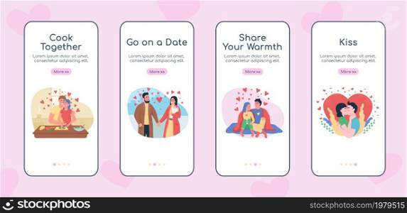 Dating onboarding mobile app screen flat vector template. Couple activities. Walkthrough website 4 steps with characters. Creative UX, UI, GUI smartphone cartoon interface, case prints set. Dating onboarding mobile app screen flat vector template