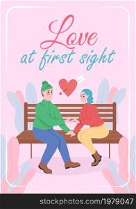 Dating poster flat vector template. Romantic relationship. Couple holding hands. Brochure, booklet one page concept design with cartoon characters. Love at first sight flyer, leaflet with copy space. Dating poster flat vector template
