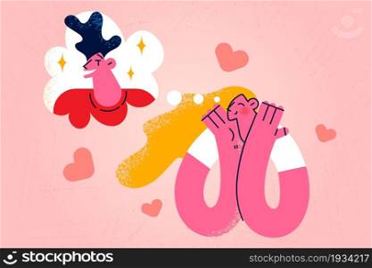 Dating, romance, Feeling in love concept. Young smiling female cartoon character standing feeling in love dreaming of her boyfriend vector illustration . Dating, romance, Feeling in love concept