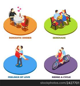 Dating Romantic relationship 2x2 design concept with serenade on bench riding cycle feeling of love and romantic dinner isometric compositions vector illustration . Dating 2x2 Design Concept