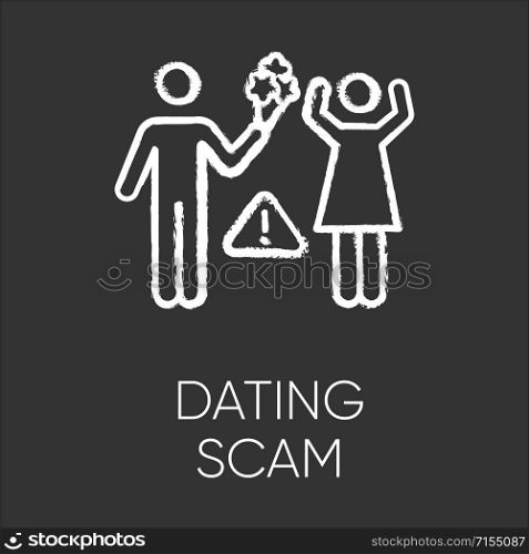 Dating scam chalk icon. Online romance fraud. Fake dating service. False romantic intentions, love promises. Money request. Confidence trick. Fraudulent scheme. Isolated vector chalkboard illustration