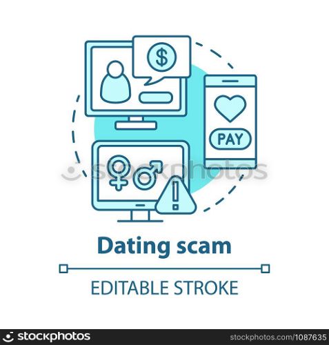 Dating scam concept icon. Love cheating, fraud. Feigning of romantic intentions. Mail order bride swindle idea thin line illustration. Vector isolated outline drawing. Editable stroke