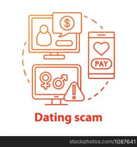 Dating scam concept icon. Love cheating, fraud. Feigning of romantic intentions. Mail order bride swindle idea thin line illustration. Vector isolated outline drawing