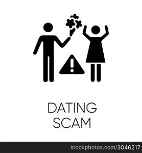 Dating scam glyph icon. Online romance fraud. Fake dating service. False romantic intentions, promises. Money request. Confidence trick. Silhouette symbol. Negative space. Vector isolated illustration