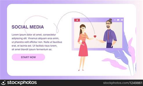 Dating Social Media Network Character Website. Red Heart Symbol Icon. Happy Love Chat Relationship Concept Design for Landing or Web Page. Bearded Man and Girl. Flat Cartoon Vector Banner Illustration. Online Dating Network Character Website Banner