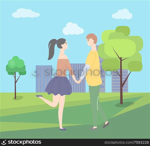 Dating teenage, girl in short skirt, boy in yellow sweater people walking together in city park with green trees, buildings at backdrop. Vector young couple. Dating Teenage Woman in Short Skirt and Man Vector