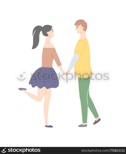 Dating teenagers, girl in short skirt standing on one leg, boy in yellow sweater and trousers isolated people. Vector cartoon students in love, male and female. Dating Teenage Woman in Short Skirt and Man Vector