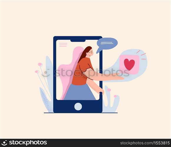 Dating web application illustration. Romantic social networks chat of communication between people and establishment of relationships modern symbol beginning of vector love and friendship.. Dating web application illustration. Romantic social networks chat of communication between people.