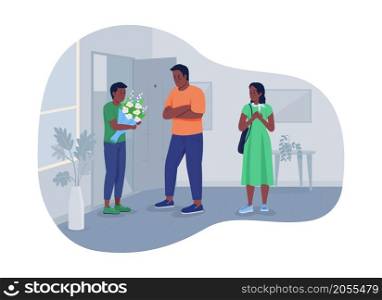 Daughter boyfriend 2D vector isolated illustration. Irritated father looks at daughter boyfriend incredulously flat characters on cartoon background. Parental involvement colourful scene. Daughter boyfriend 2D vector isolated illustration