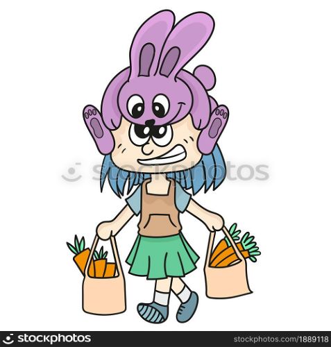daughter is shopping carrots for her pet rabbit. cartoon illustration sticker emoticon