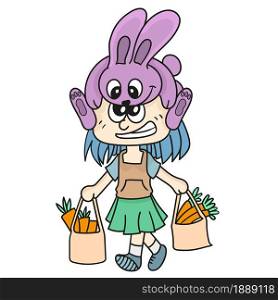 daughter is shopping carrots for her pet rabbit. cartoon illustration sticker emoticon