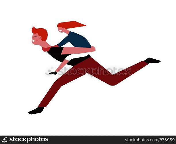 Daughter ride on father shoulders. Vector cartoon faceless parent man run with girl child on back, having fun and family happy leisure time together. Daughter ride on father shoulders. Vector cartoon faceless parent