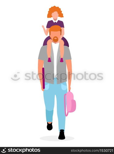 Daughter sitting on father neck flat vector illustration. Parent with schoolgirl and backpack going to kindergarten cartoon character isolated on white background. Happy preteen schoolkid, little girl