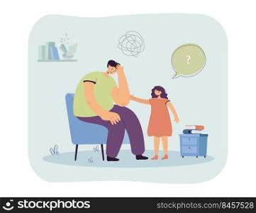 Daughter worrying about sad father. Girl comforting confused male character sitting on chair flat vector illustration. Family, communication, empathy concept for banner, website design or landing page
