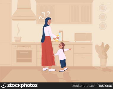 Daugther distracts mother flat color vector illustration. Parent busy washing dishes. Toddler demands attention from parent. Family 2D cartoon characters with kitchen interior on background. Daugther distracts mother flat color vector illustration