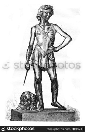 David winner of Goliath bronze statue of Andrea Verrocchio, the Florence National Museum, vintage engraved illustration. Magasin Pittoresque 1877.