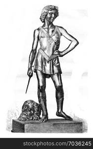 David winner of Goliath bronze statue of Andrea Verrocchio, the Florence National Museum, vintage engraved illustration. Magasin Pittoresque 1877.