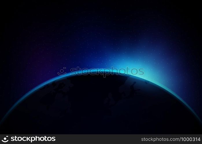 Dawn from space. Dawn from space. Rising sun behind the earth. Vector stock illustration. Dawn from space. Dawn from space. Rising sun behind the earth. Vector stock illustration.