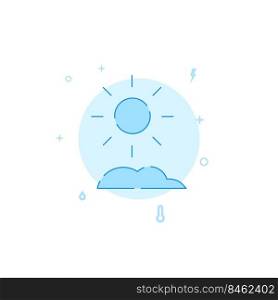 Dawn, sunny morning weather forecast vector icon. Flat illustration. Filled line style. Blue monochrome design.. Dawn, sunny morning weather forecast flat vector icon. Filled line style. Blue monochrome design.