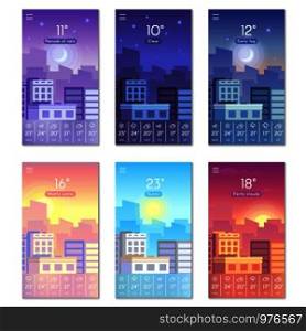 Day and night. Cartoon daytime phone wallpaper with city buildings, sun, moon and stars sky landscape. Smartphone nature screen, weather vector backdrop isolated symbols set. Day and night. Cartoon daytime phone wallpaper with city buildings, sun, moon and stars sky. Smartphone screen weather vector backdrop