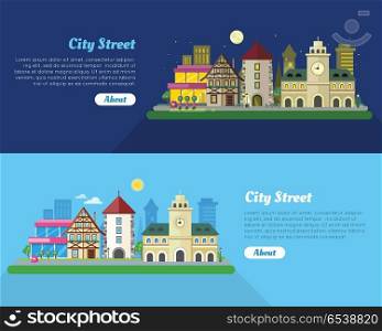 Day and night city street banner. Medieval european city hall, stone tower, fachwerk house, modern building, skyscraper flat vectors. Historic district. For travel company, tourist attraction web page. Day and Night City Street Flat Vector Banner. Day and Night City Street Flat Vector Banner